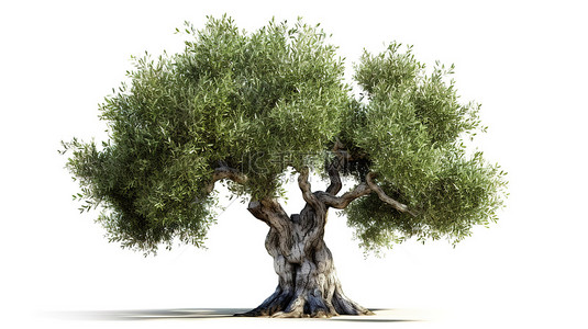 白色背景上独立站立的橄榄树的 3D 插图，其复杂的叶子