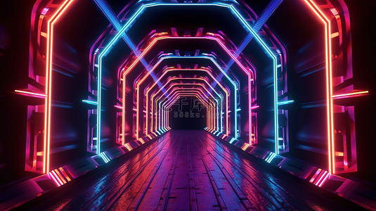 未来幻想背景图片_霓虹灯衬砌幻想隧道的未来派 3D 渲染
