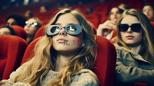 时间视频的视频背景图片_戴着 3D 眼镜看电影时与朋友休息的少女