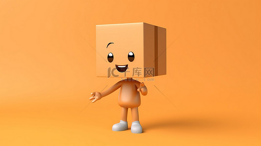 一个卡通人物在柔和的橙色背景下携带纸板箱的插图，代表 3D 渲染中在线购物和交付的概念