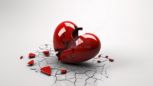 白色爱情背景图片_心碎的象征 3d 渲染白色背景上破碎的红心