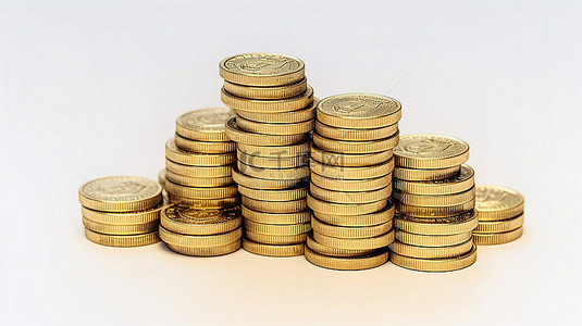 白色背景下的一堆比特币硬币在 3D 渲染中说明了加密货币和电子支付选项