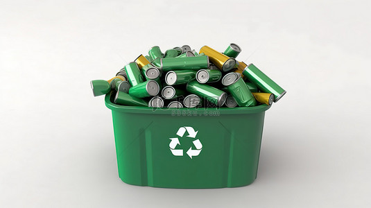 绿色桶中可充电电池的生态友好显示，白色背景 3D 渲染上带有回收符号