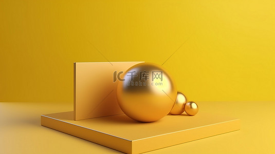 3D 渲染中带金属球的产品展示模型黄色矩形讲台
