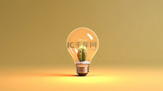 仙人掌和玻璃灯泡最小概念的 3D 插图