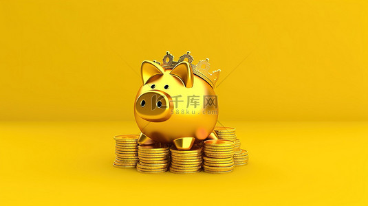 富丽堂皇的金色存钱罐，在充满活力的黄色背景上冠以硬币，象征着财富和通过 3D 渲染的成功投资