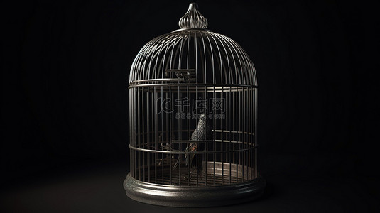 笼子权力背景图片_里面有一只鸟的金属笼子的 3D 渲染插图