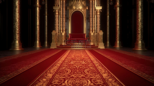3d 渲染红地毯尽头的金色圆柱蔓藤花纹风格国王宝座