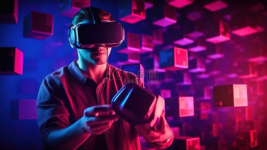vr手柄背景图片_沉浸在游戏中的玩家利用 3D VR 技术的发光立方体内的虚拟现实耳机和游戏手柄