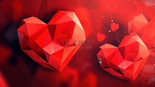 低聚红色背景与红心的 3d 插图