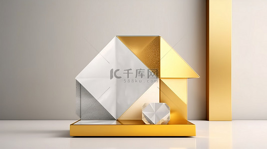 白色讲台上的金色和玻璃纹理几何形状模型，用于产品设计 3D 渲染图像
