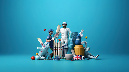 英格兰队与澳大利亚队在行动中的板球锦标赛设备的 3D 渲染和复制空间的蓝色背景