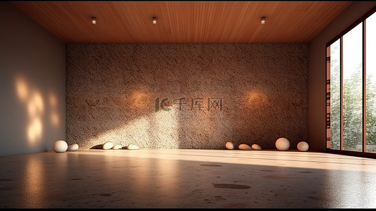 炎热背景图片_聚光灯照明卵石水泥风格房间内部 3D 渲染