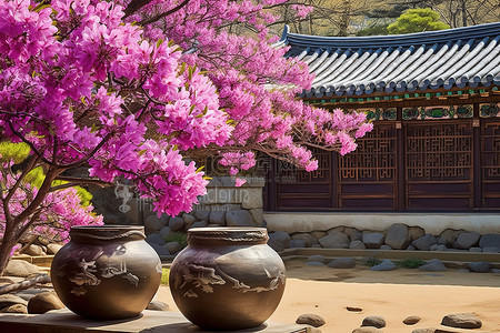 杜鹃花背景图片_庭院里的四朵杜鹃花和两个中国陶器