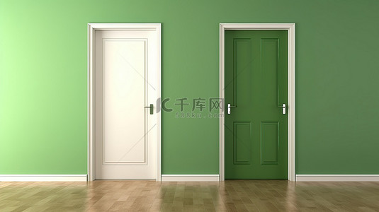 3D 渲染中的绿墙现代室内门口