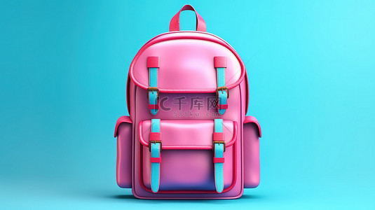 绿松石背景上隔离的粉色书包的时尚时尚 3D 插图