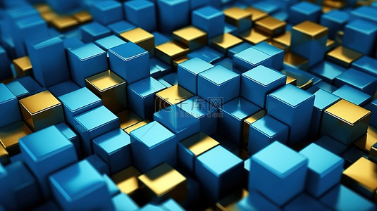 蓝色空间背景下棋盘图案金立方体的 3D 渲染