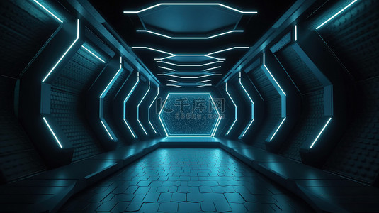 隧道动图背景图片_带有用于产品展示的 3D 渲染讲台的未来派六角形隧道