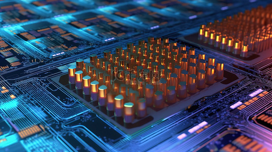 电路cpu背景图片_硅晶圆上微芯片 cpu 的 3d 渲染，特写视图代表计算机服务器的概念