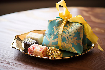 日本甜點背景图片_蓝色小礼品袋中的日本零食