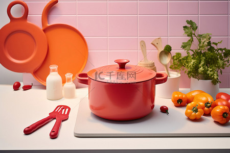 一个辣椒背景图片_厨房台面上放着一个红锅，里面有辣椒和其他器皿