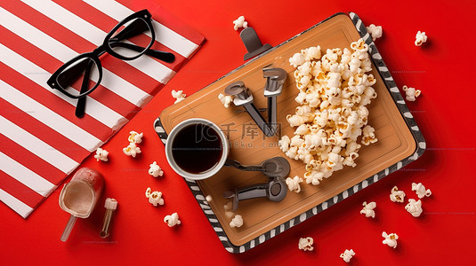 平躺的娱乐行业道具电影拍板爆米花碗 3D 眼镜和红色背景上的电影卷轴