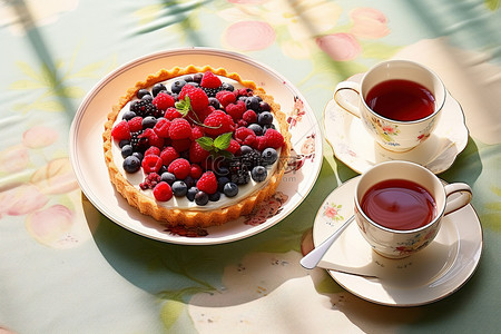烤馅饼，配浆果和白奶油，盘上有茶