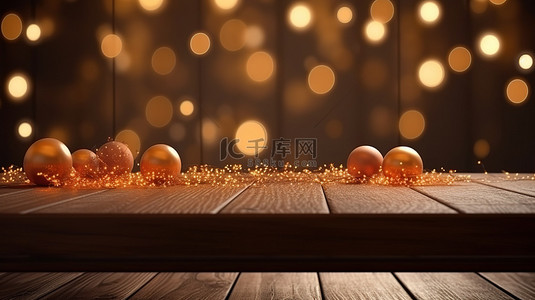 圣诞散景灯照亮了一张木制 3d 桌子