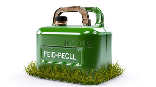 可持续燃料解决方案绿色金属罐头，白色背景上带有回收和生物燃料符号
