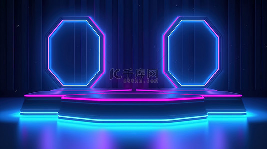 未来主义的蓝色空间，带有 3D 渲染的充满活力的粉红色霓虹灯环