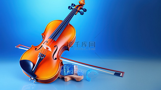 蓝色背景上带有音符的 3D 古典小提琴的插图