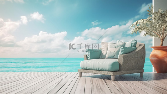 户外休闲露台的 3D 插图渲染，享有令人惊叹的海滩景观和舒适的沙发椅