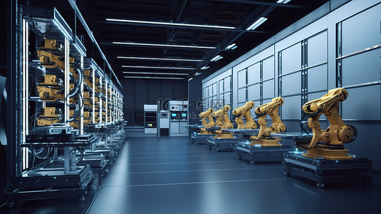 工厂自动化计算机显示器和机器人系统的 3D 渲染