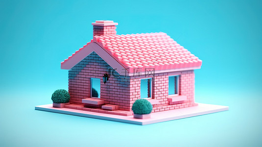 适合家庭的现代粉色砖砌小屋，采用双色调饰面，蓝色背景 3D