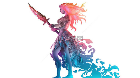 童话角色背景图片_隔离在白色背景上的令人惊叹的 3D 幻想插图以美人鱼战士的彩色轮廓为特色