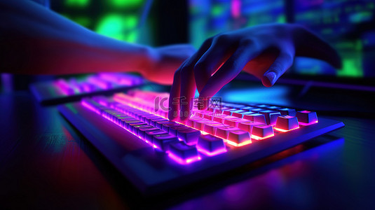 明亮的 RGB 霓虹灯手在键盘上打字，带有卡通插图