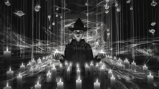 女巫黑白背景图片_一个可怕的女巫的神秘仪式，以蜡烛黑白色调为特色，具有 3D 故障虚拟现实效果