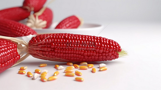 3D 渲染图标健康街头玉米，白色背景上呈纯红色