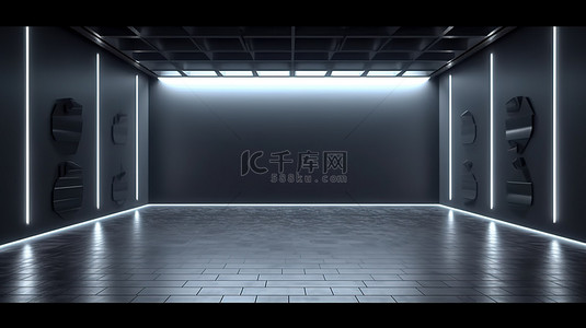 深灰色背景图片_舞台室的 3D 渲染，带有闪烁的 LED 灯和深灰色的复制空间