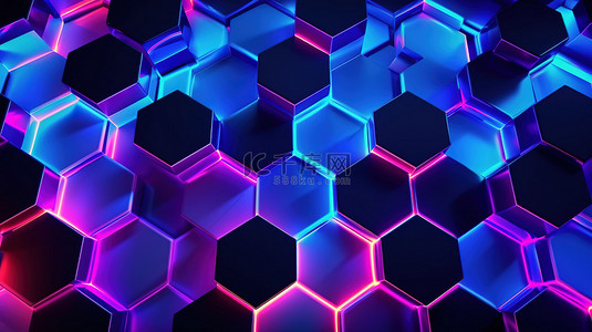 充满活力的紫外线蓝色和紫色六边形图案与霓虹灯 3D 渲染抽象插图