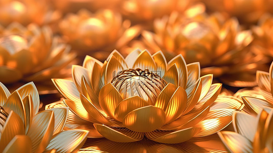 金色莲花背景图片_闪闪发光的金色莲花背景 3D 渲染插图