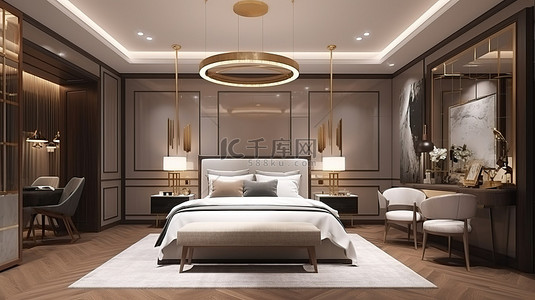 别致而华丽的酒店套房设有带 3D 效果图的经典风格卧室和平板电视