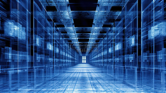 线框视图中仓库内部的蓝色色调 3D 渲染