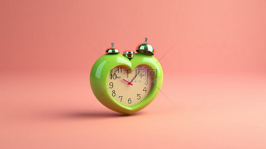 爱心绿色背景背景图片_3d 插图粉色和绿色背景心脏时钟