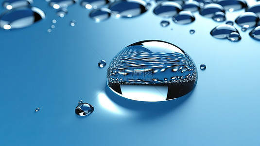 蓝色玻璃表面上的泪珠，气泡在 3D 插图中描绘自然