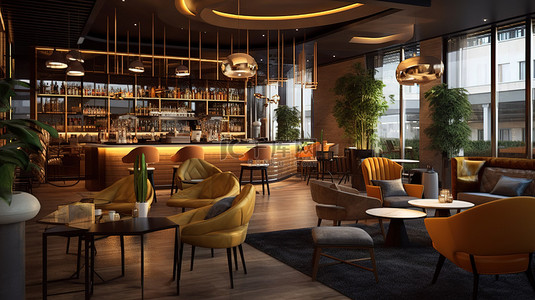酒吧椅子背景图片_精致的现代酒吧餐厅，配有设计师家具和照明 3D 渲染