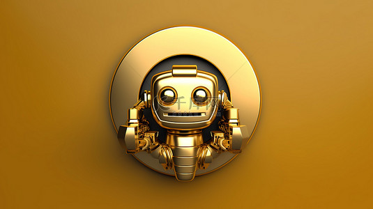 标志性机器人 3D 渲染社交媒体符号，采用哑光金色和金色机器人设计