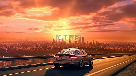 汽车主背景背景图片_日落时美丽的城市景观 3D 渲染汽车穿越城市景观