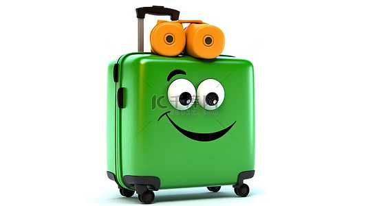 白色背景上带有垃圾桶字符和橙色旅行箱的绿色回收标志吉祥物的 3D 渲染