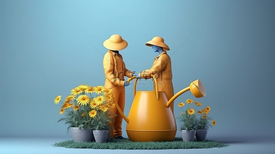 春模板背景图片_3D 渲染展示了几个园丁在一个巨大的水罐旁边